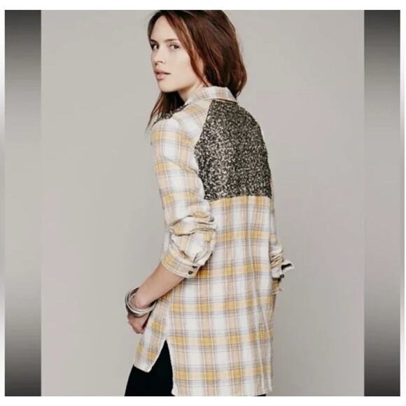 Free People Little Bit Of Sugar Sequin Button Up Flannel Shirt Yellow Plaid Sz L - Picture 2 of 10